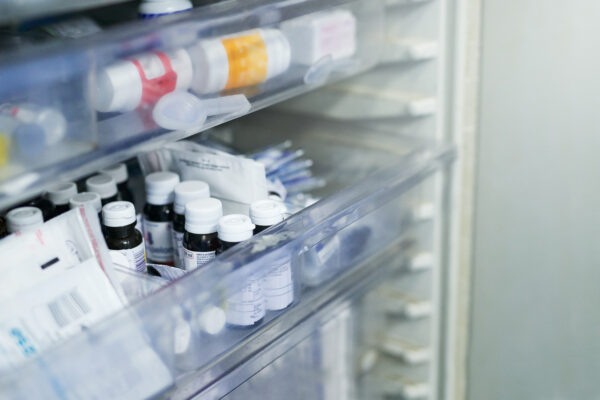 Shot of shelves stocked with medication in a hospital