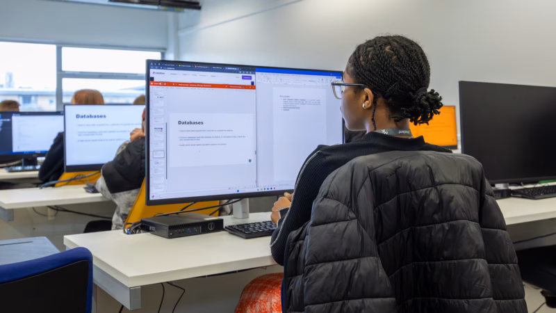 IT students learning about databases on computers.