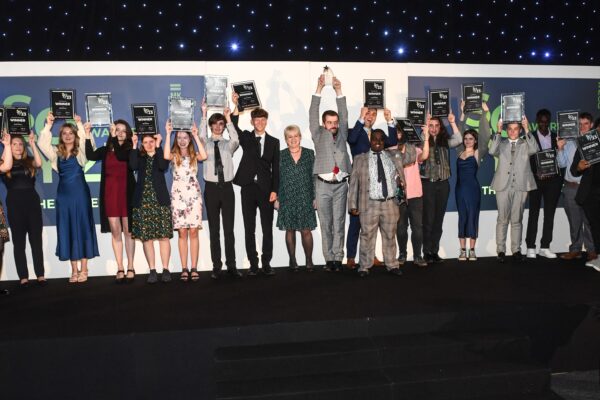 All of the award winners on stage at Silverstone's The Wing venue at MK College Group's 2023 Students of the Year Awards.
