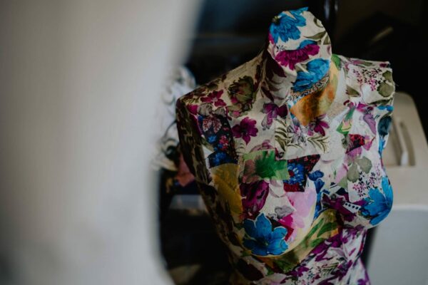 Fashion mannequin covered in floral patterned fabric