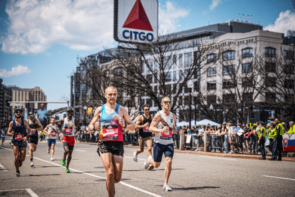 Dave Hudson from Milton Keynes College (centre of image) running the Boston Marathon.