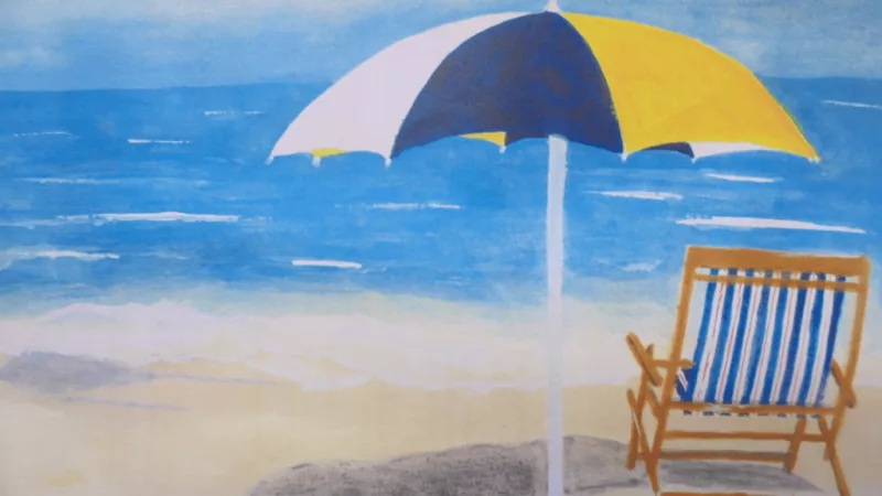 An artwork from a prison learner at MK College which won a Koestler Award, The artwork shows a beach with a blue and white striped deck chair and a white, blue and yellow parasol.