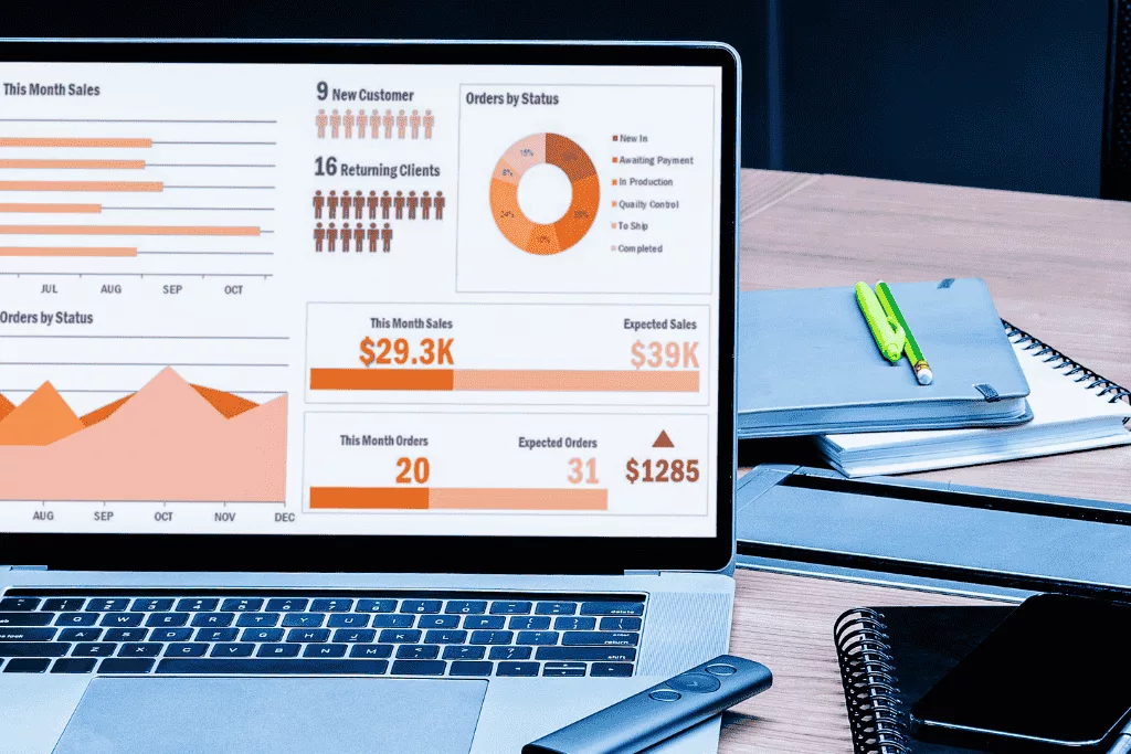 A financial report and business analytics displayed on a laptop screen.