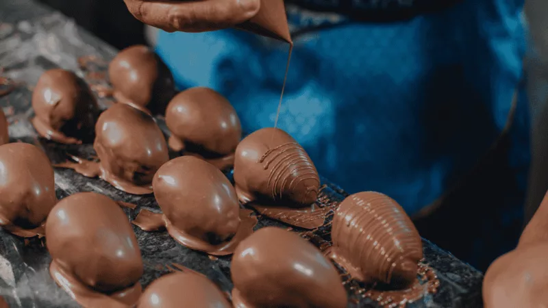 Handmade chocolate – Close-up of chocolate arranged neatly on a blue surface.