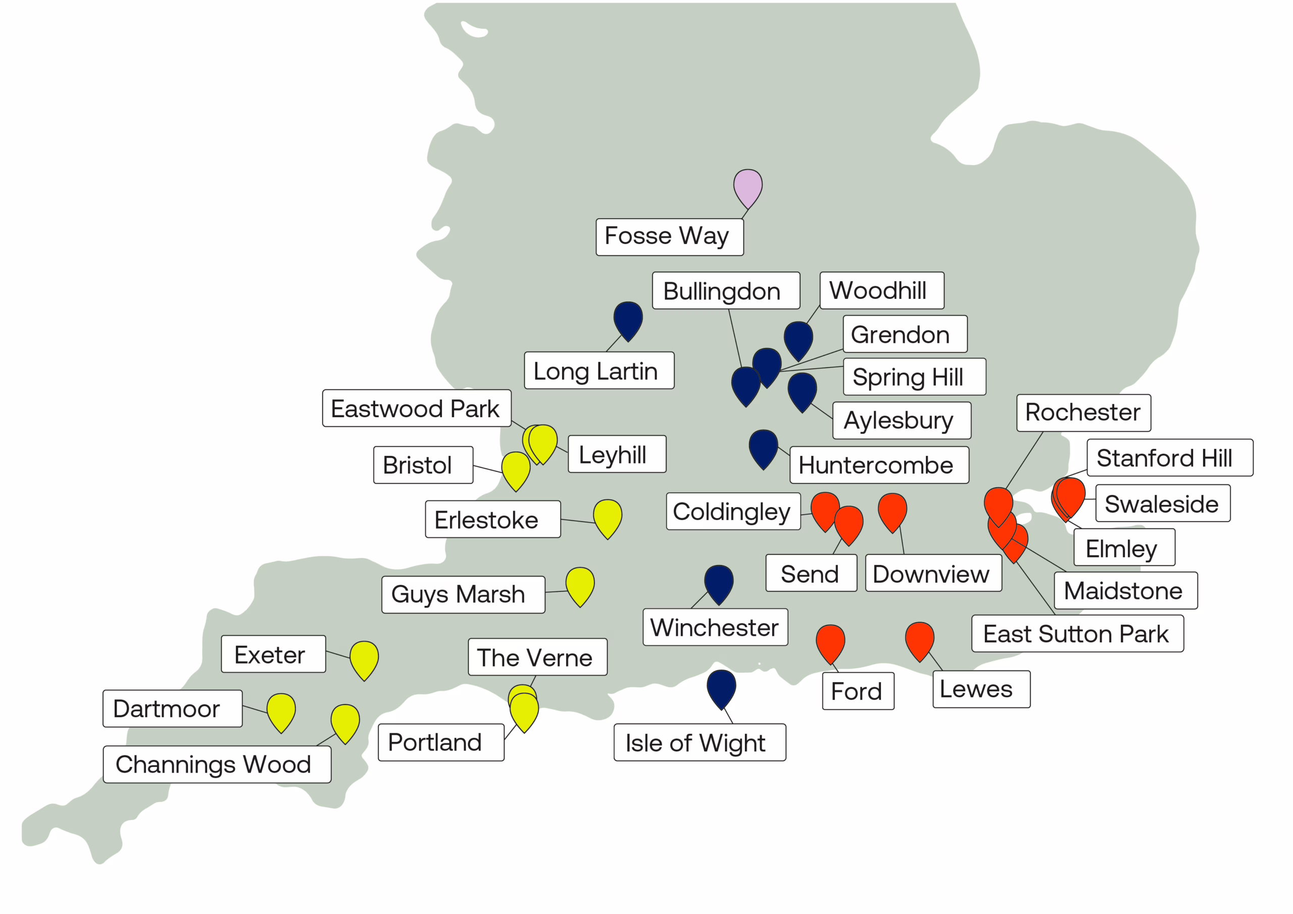 A map showing locations of different prisons